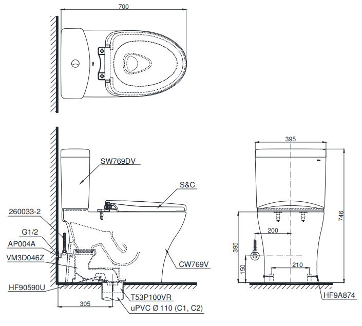 Bồn Cầu TOTO CS769DT8 (CS769DRT8) Hai Khối Nắp TC600VS