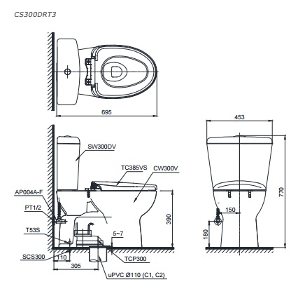 Bồn Cầu Hai Khối TOTO CS300DRT3 Nắp TC385VS